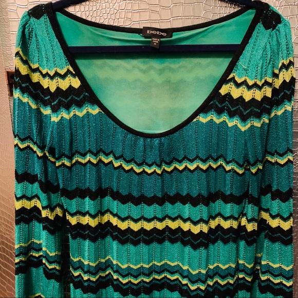 BEBE Green Gold Black Metallic Knit Mini Dress M - Picture 2 of 8